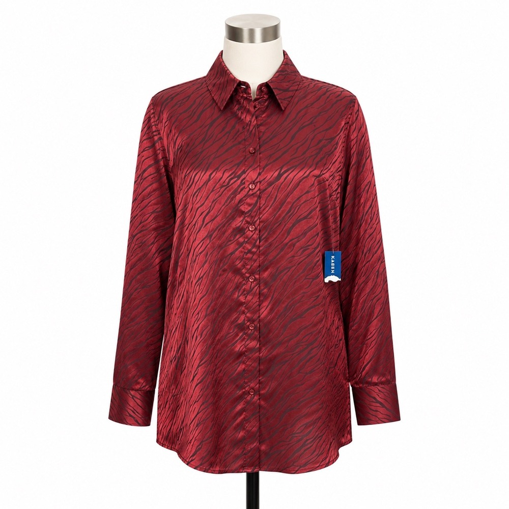 Karen Scott Button Up Shirt Womens Large Red Zebra Print Metallic Long Sleeve